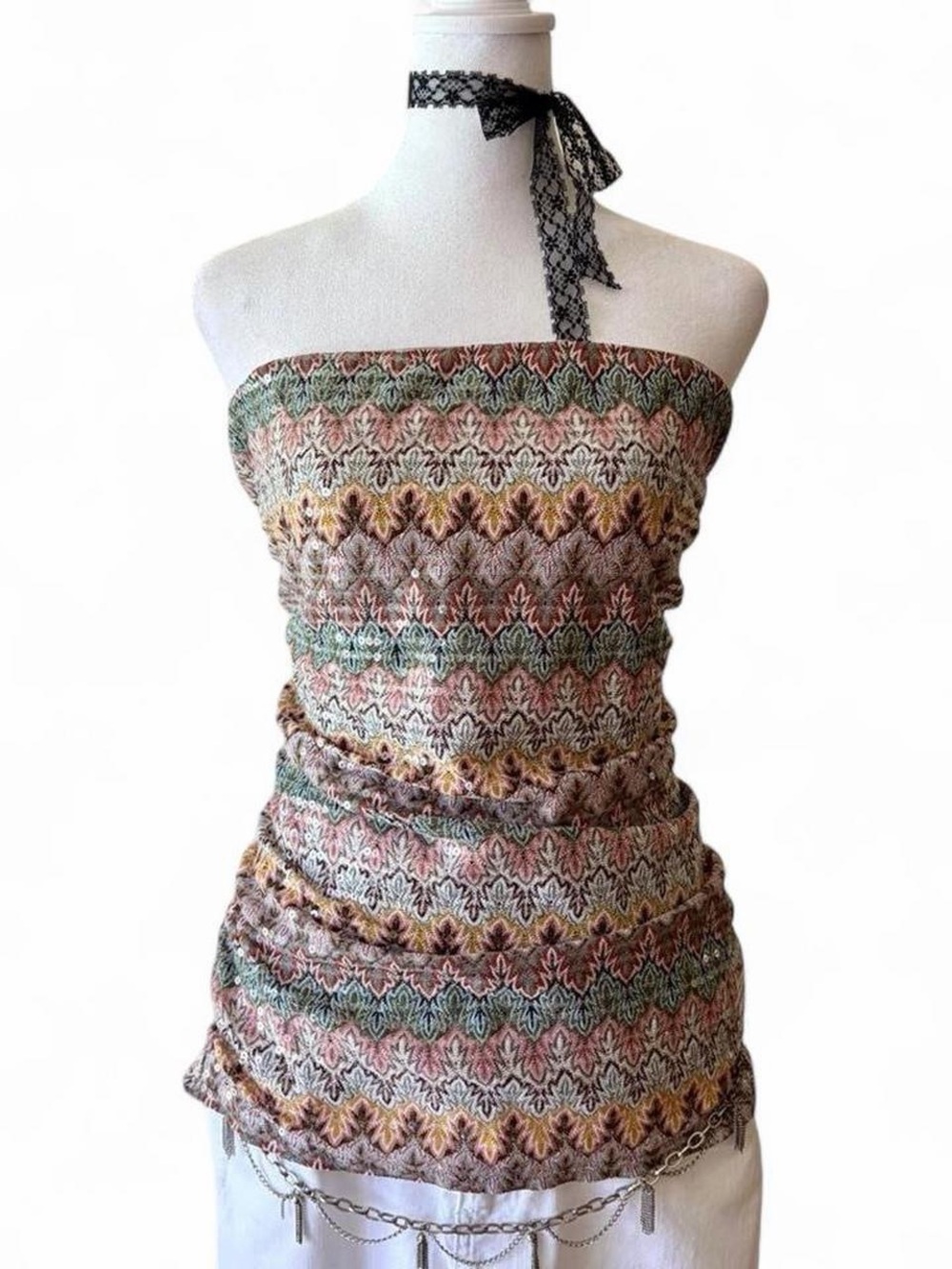 Vintage Y2K boho festival iridescent sequin strapless tube top embroidered M-L